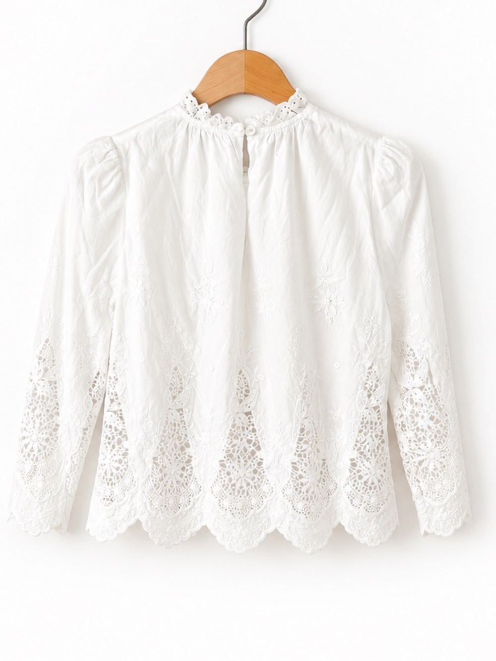 HUNTER BELL White Embroidered Boho Ruffle Collar 3/4 Puff Sleeve Flowy Blouse XS - Picture 5 of 9